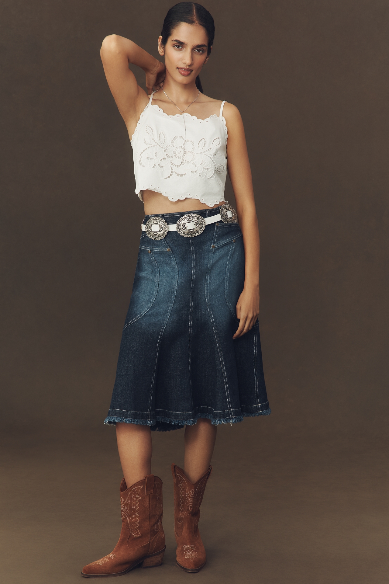 Pilcro Fluted Denim Midi Skirt