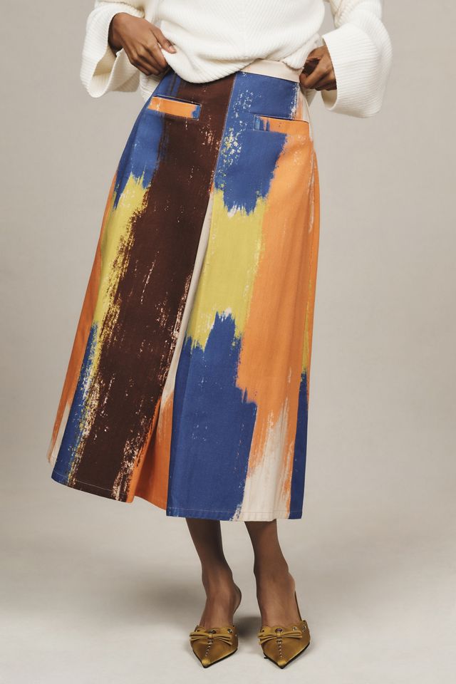 Mehtap Elaidi Brushstroke Printed Denim Midi Skirt #1