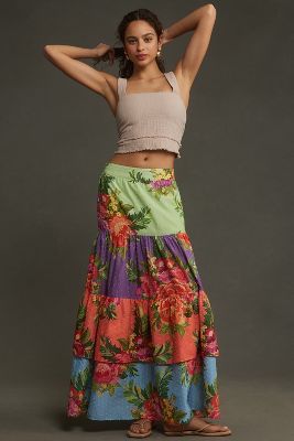 Shop Farm Rio X Anthropologie Tiered Floral Maxi Skirt In Pink