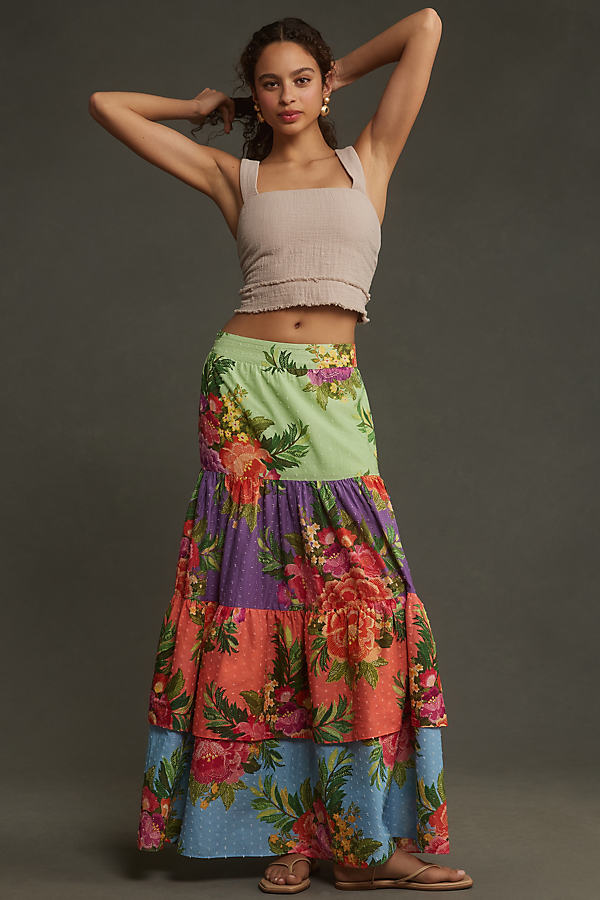 Shop Farm Rio X Anthropologie Tiered Floral Maxi Skirt In Pink