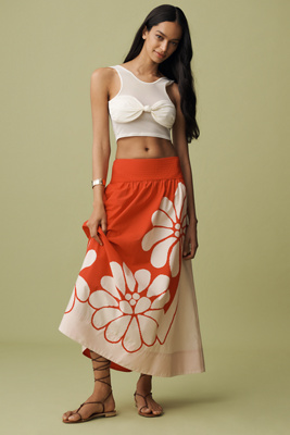 Farm Rio X Anthropologie Printed Poplin Midi Skirt In Orange