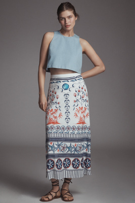 Farm Rio X Anthropologie Linen Blend Midi Skirt In Multi