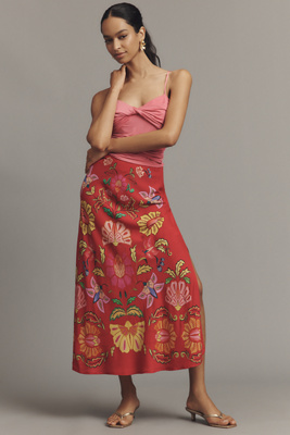Farm Rio Printed Midi Slip Skirt In Red