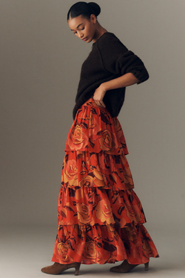 Farm Rio Floral Tiered Midi Skirt In Multi