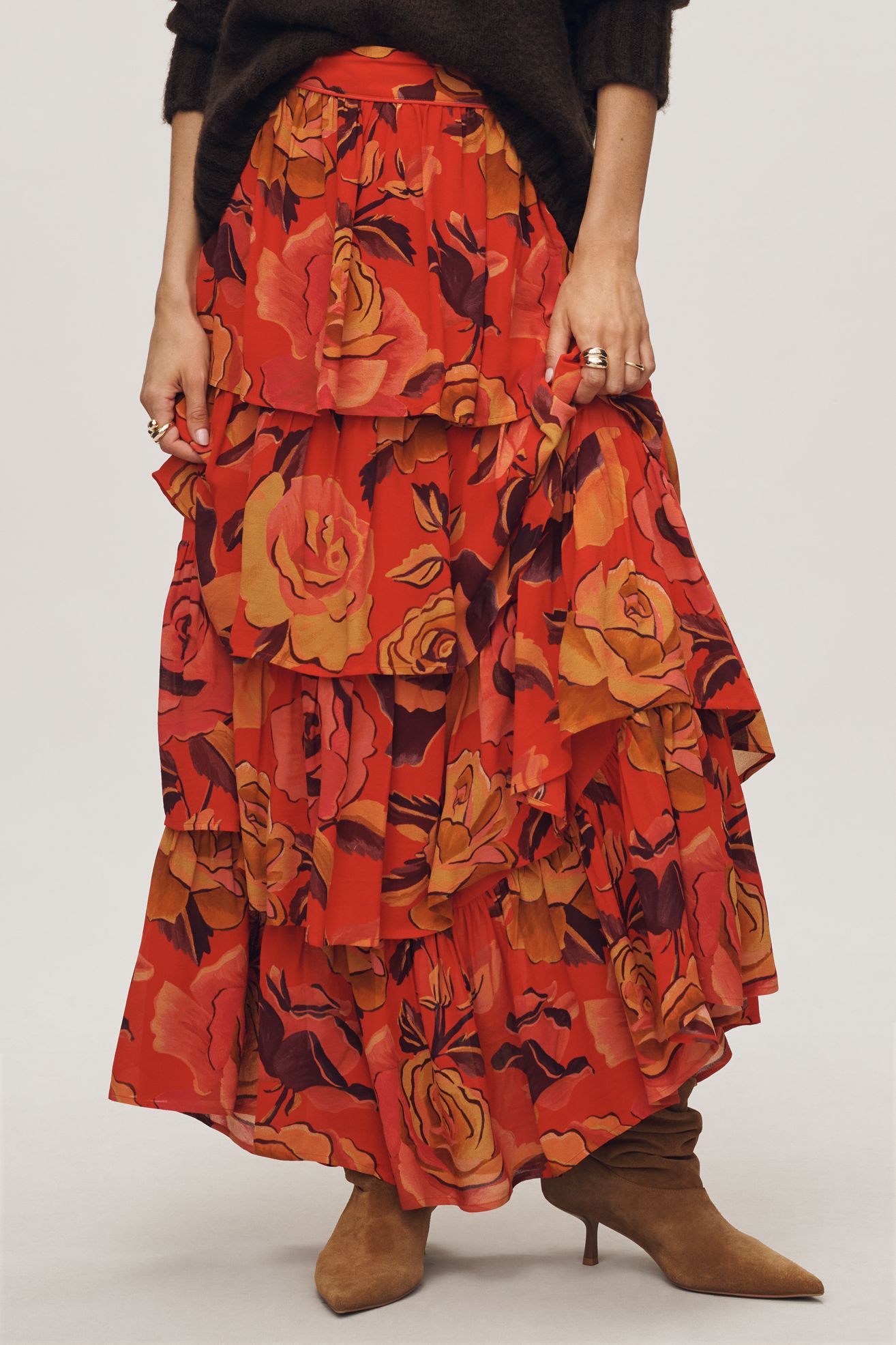 Farm Rio Floral Tiered Midi Skirt