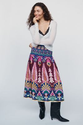 Farm Rio 100% Cotton Smocked Midi Skirt