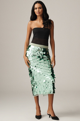 Essentiel Antwerp Ihoed Sequin Pencil Midi Skirt In Blue