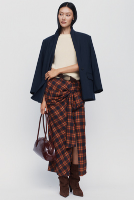 Essentiel Antwerp Karm Wool Cotton Tartan Draped Maxi Skirt by Anthropologie
