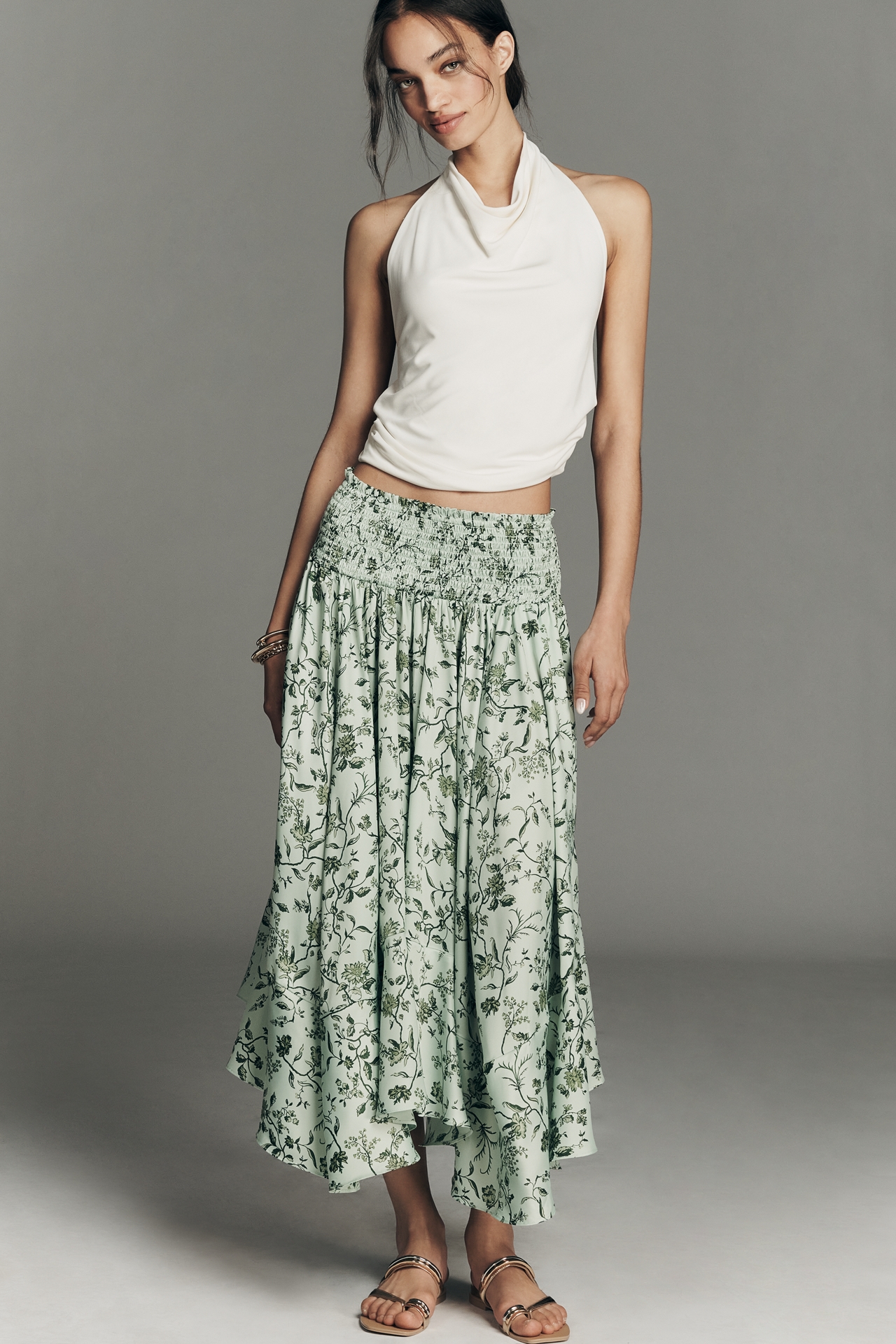 By Anthropologie Smocked-Waist Asymmetric Skirt