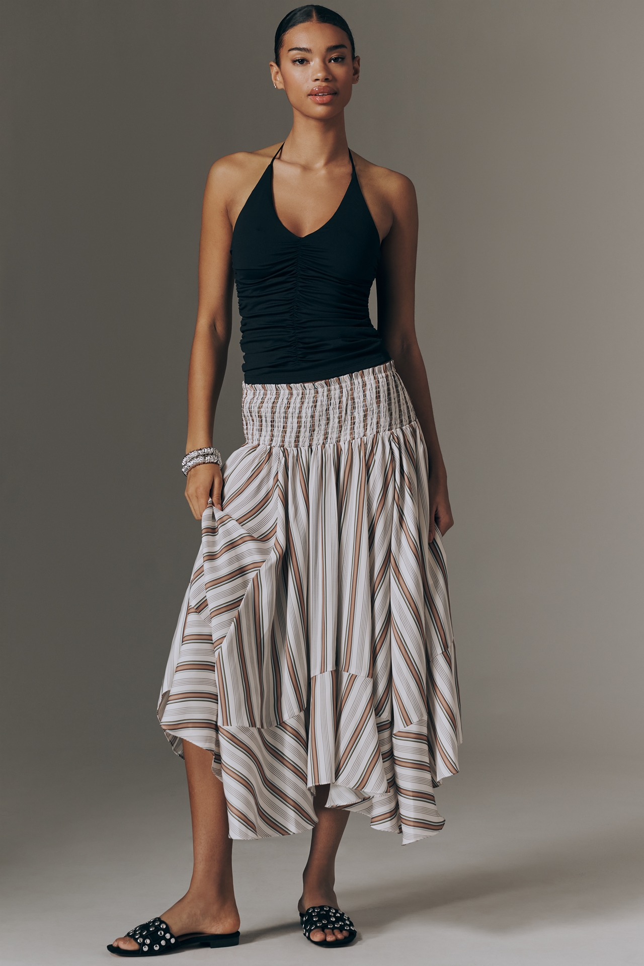 By Anthropologie Smocked-Waist Asymmetric Skirt