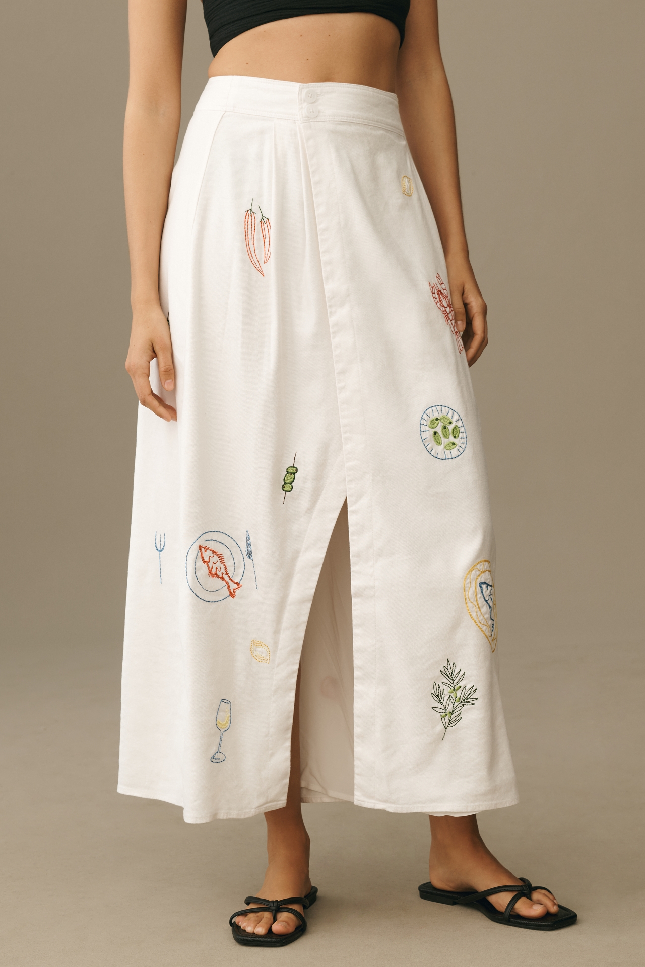 Maeve Embellished Linen Wrap Midi Skirt