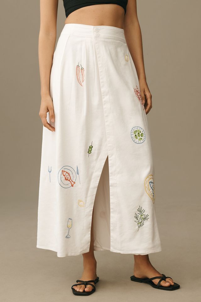 Maeve Embellished Linen Wrap Midi Skirt #1