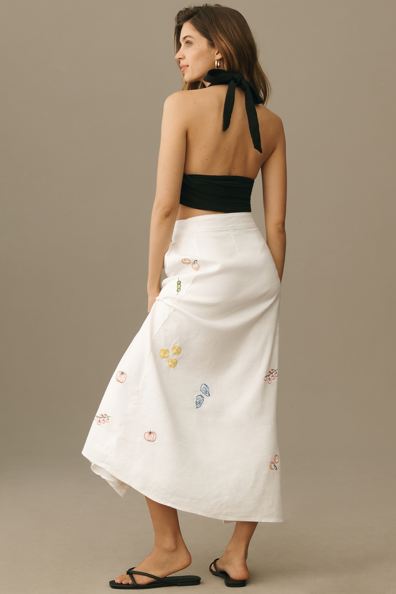 Maeve Embellished Linen Wrap Midi Skirt