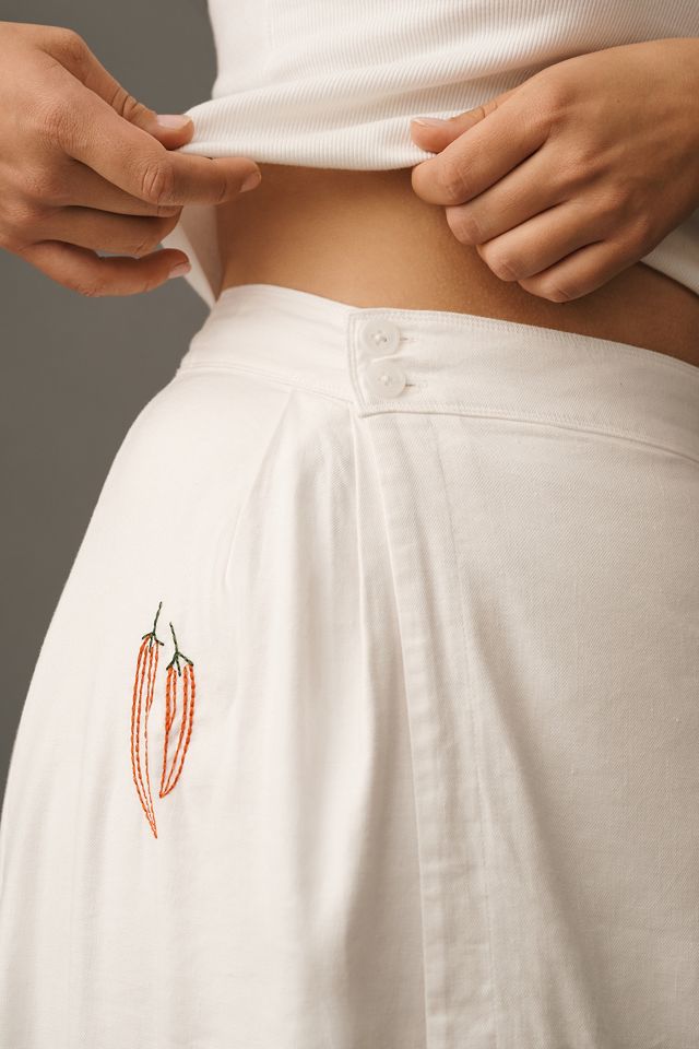 Maeve Embellished Linen Wrap Midi Skirt #6