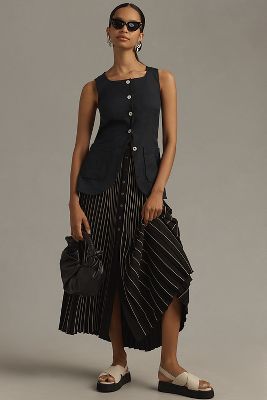 Shop Maeve Pleated Button-front Maxi Skirt In Black