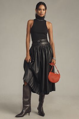 Shop By Anthropologie Faux-leather Pleated Midi Skirt In Black