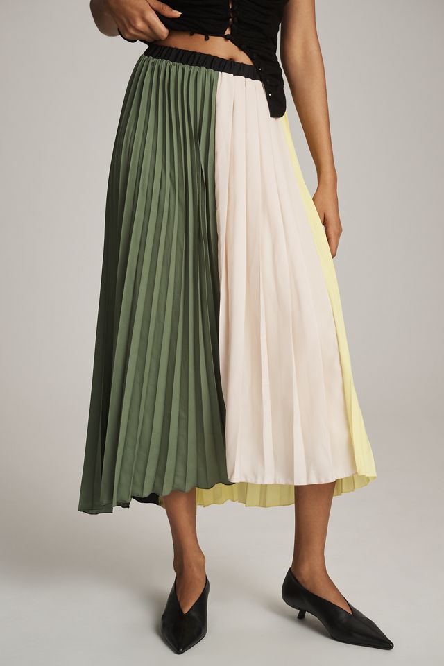 NAVY COLORBLOCK PUFF PLEATED SLEEK MIDI SKIRT