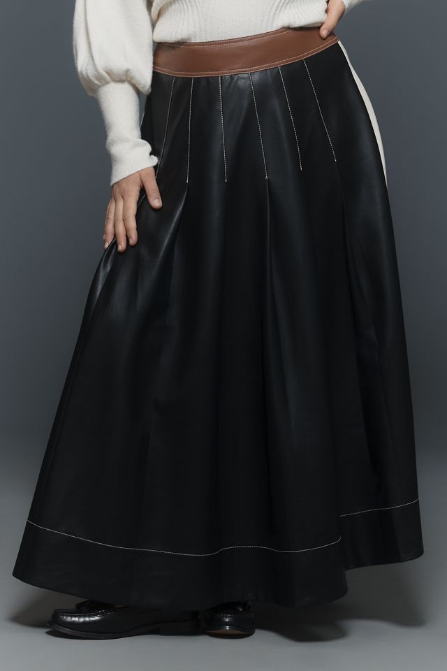 By Anthropologie Faux-Leather Colorblock Pleated Maxi Skirt #7
