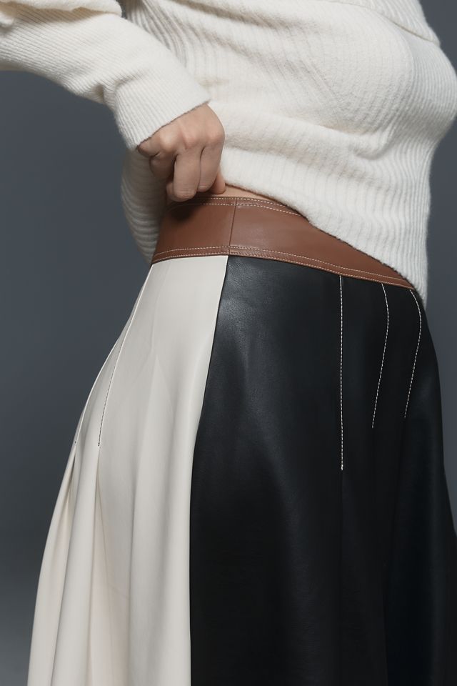 By Anthropologie Faux-Leather Colorblock Pleated Maxi Skirt #8