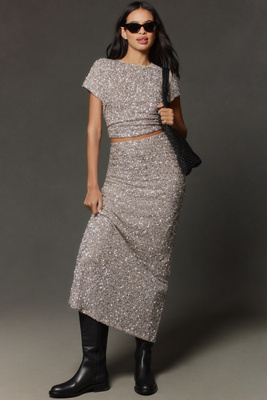 Shop By Anthropologie The Tilda Maxi Slip Skirt: Sequin Edition In Silver