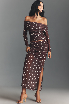 Maeve Fitted Ruched Mesh Maxi Skirt In Brown