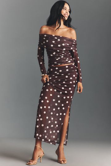 Maeve Fitted Ruched Mesh Maxi Skirt