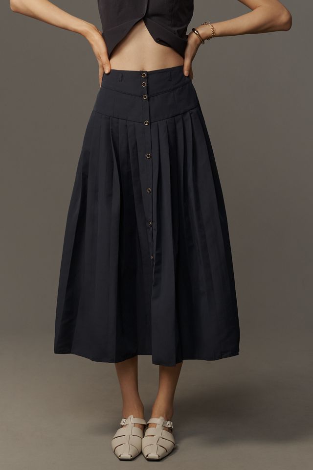 Maeve Pleated Button-Front Basque-Waist Midi Skirt #1