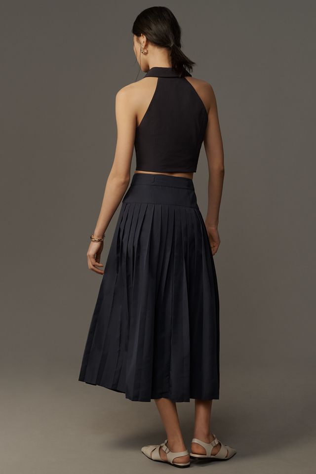 Maeve Pleated Button-Front Basque-Waist Midi Skirt #2