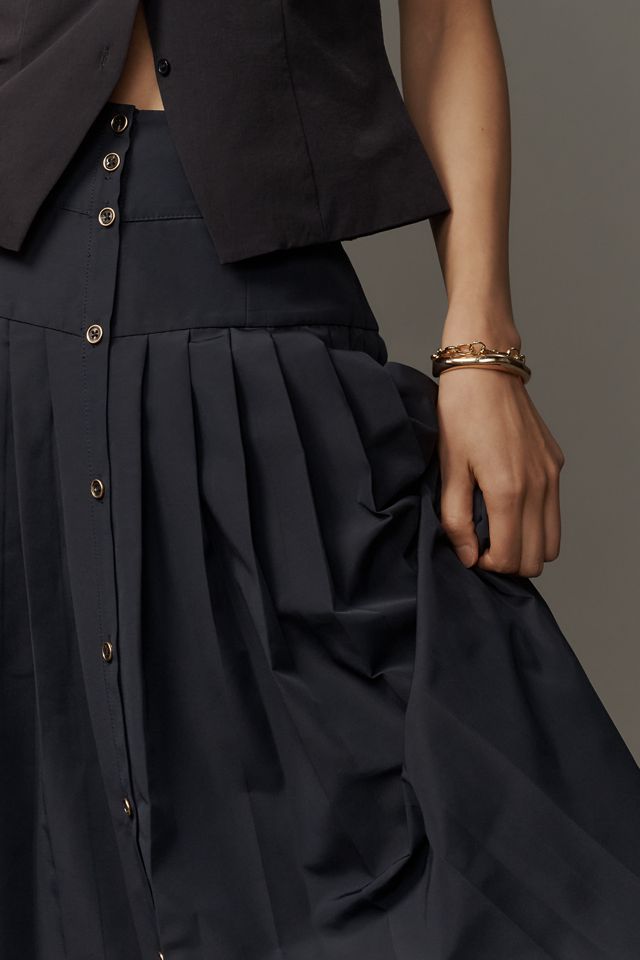 Maeve Pleated Button-Front Basque-Waist Midi Skirt #3