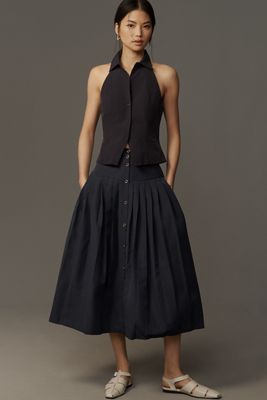 Maeve Pleated Button-Front Basque-Waist Midi Skirt