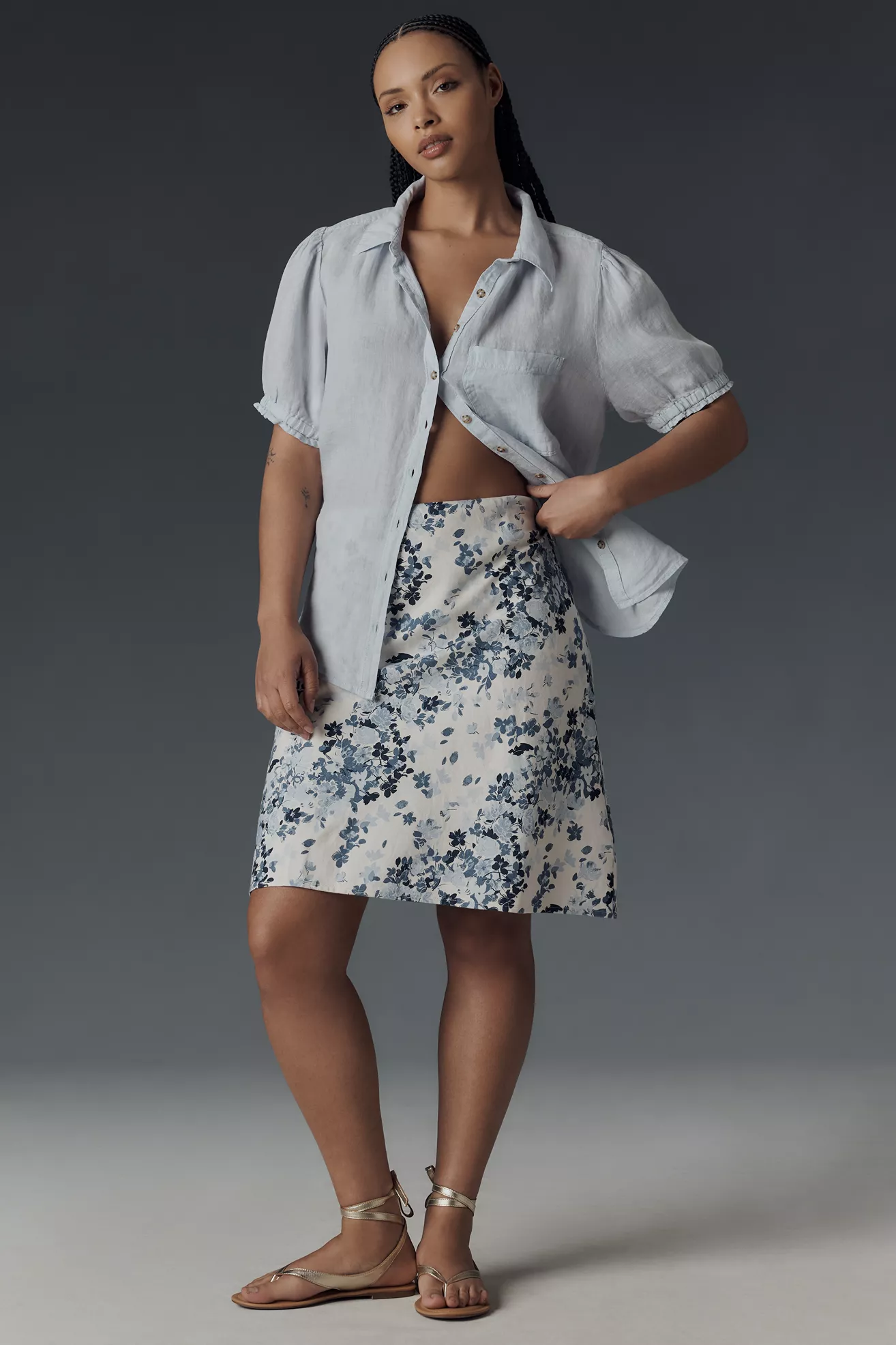 A plus-size, white-and-blue floral, slip skirt