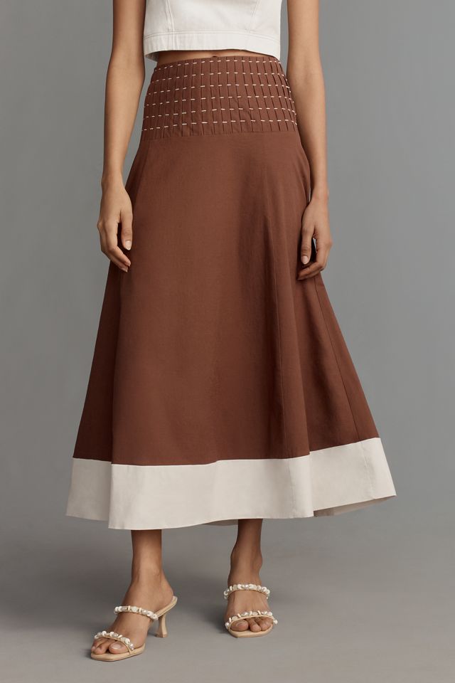 Linen Blend Drop-Waist Colorblock Maxi Skirt #1