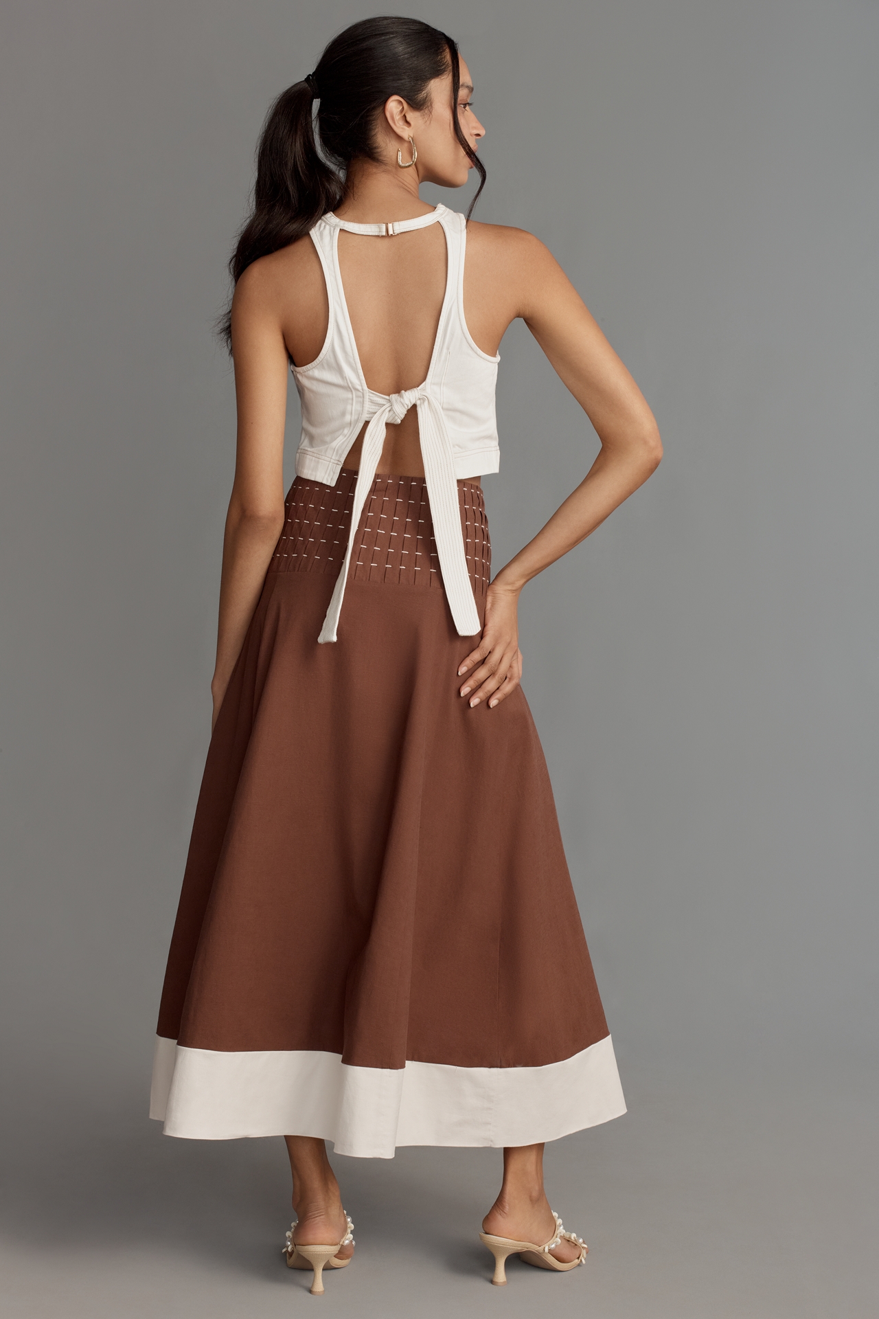 Linen Blend Drop-Waist Colorblock Maxi Skirt