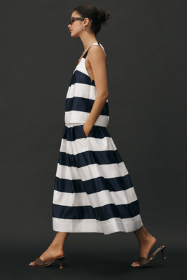 anthropologie Maeve Full Striped Midi Skirt Navy/White Stripe