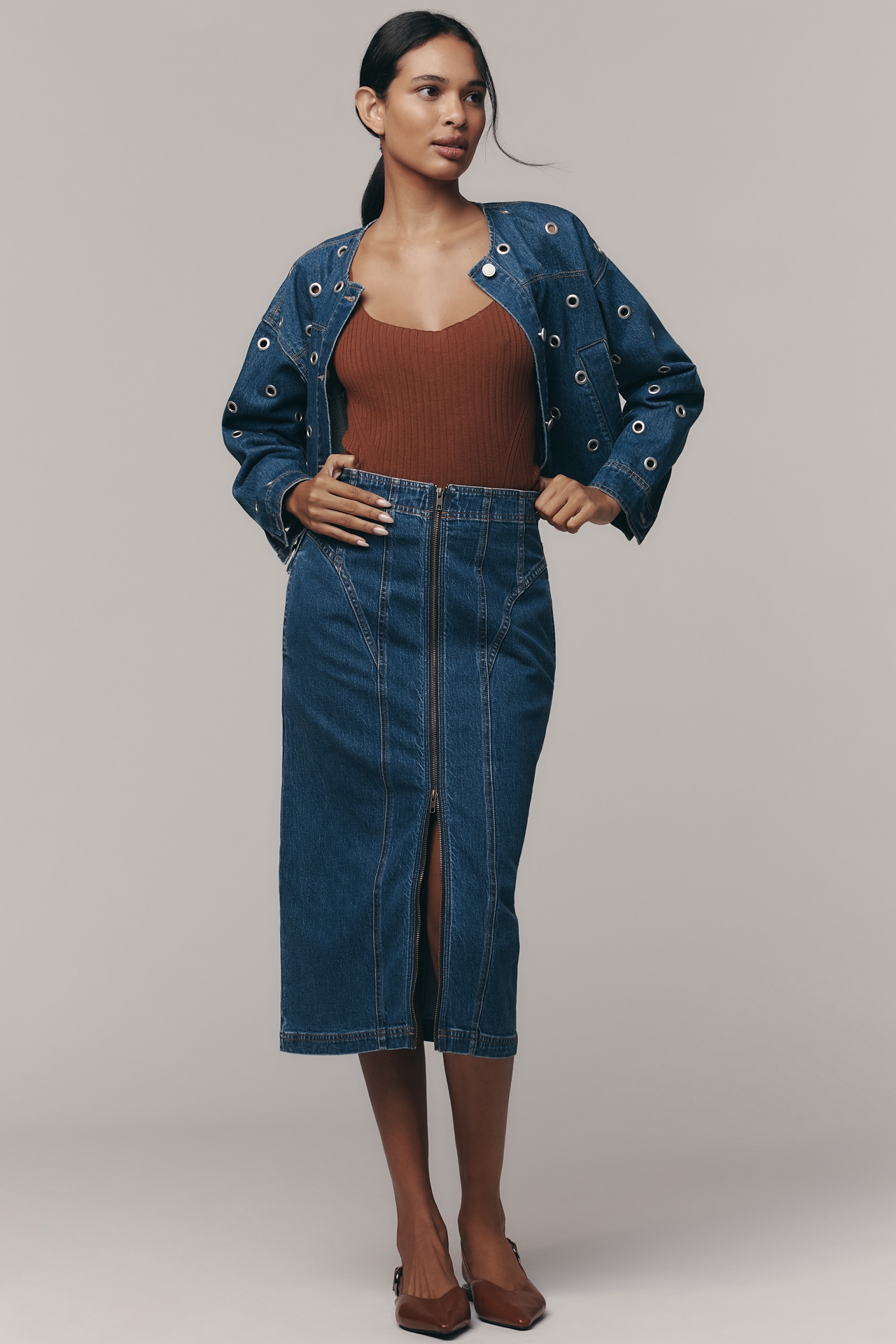 Pilcro Corset Denim Midi Skirt