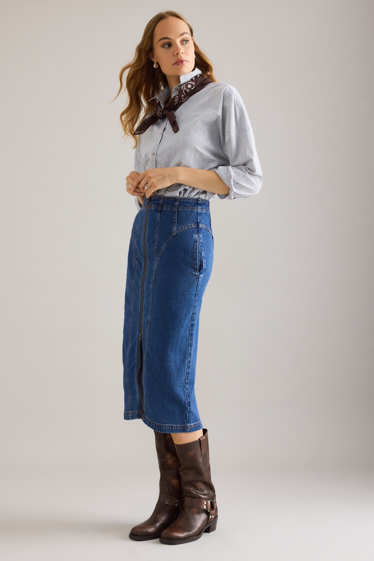 Pilcro Corset Denim Midi Skirt