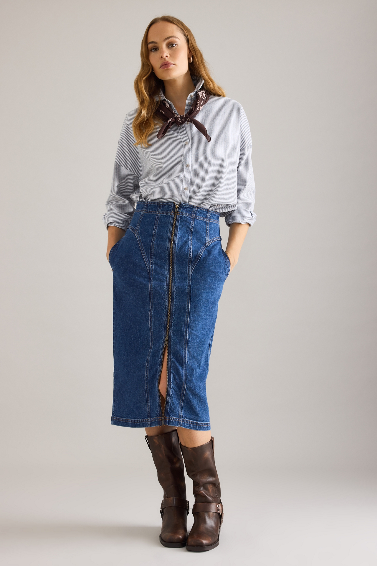 Pilcro Corset Denim Midi Skirt
