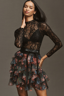 By Anthropologie The Chéri Ruffled Tulle Mini Skirt  In Black