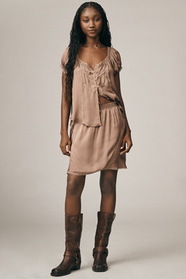 By Anthropologie Silky Lace-trim Mini Skirt In Sand