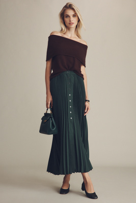 Maeve Pleated Button Front Maxi Skirt In Green