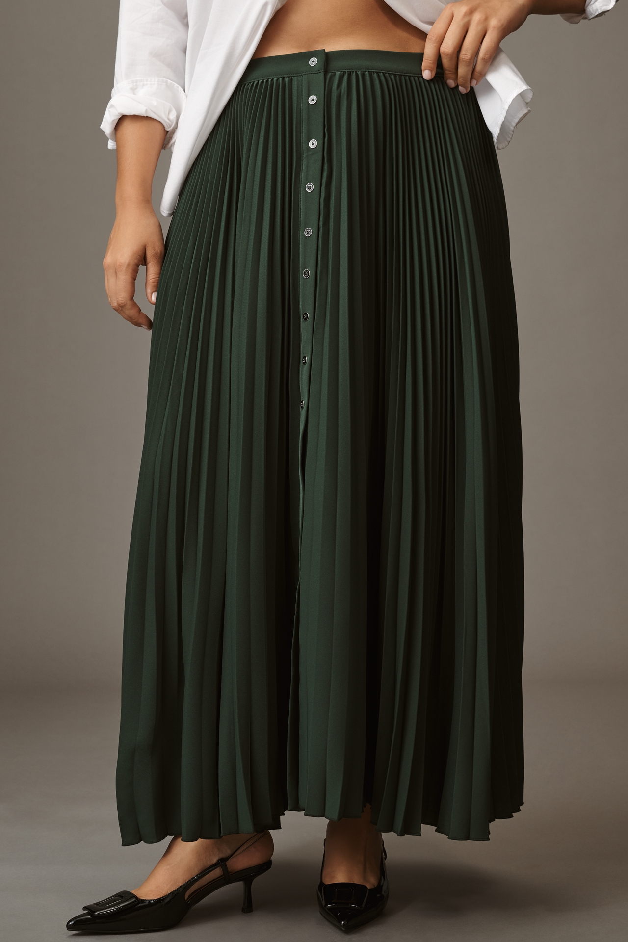 Maeve Pleated Button-Front Midi Skirt