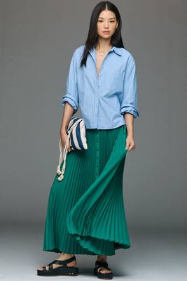 Maeve Pleated Button-front Midi Skirt In Green