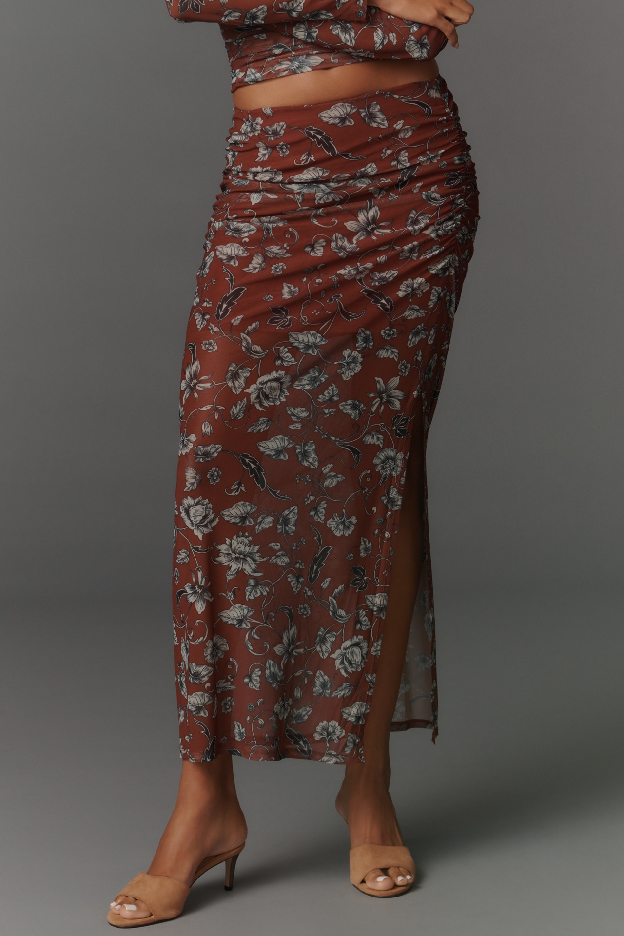 Maeve Sheer Ruched Mesh Fitted Maxi Skirt