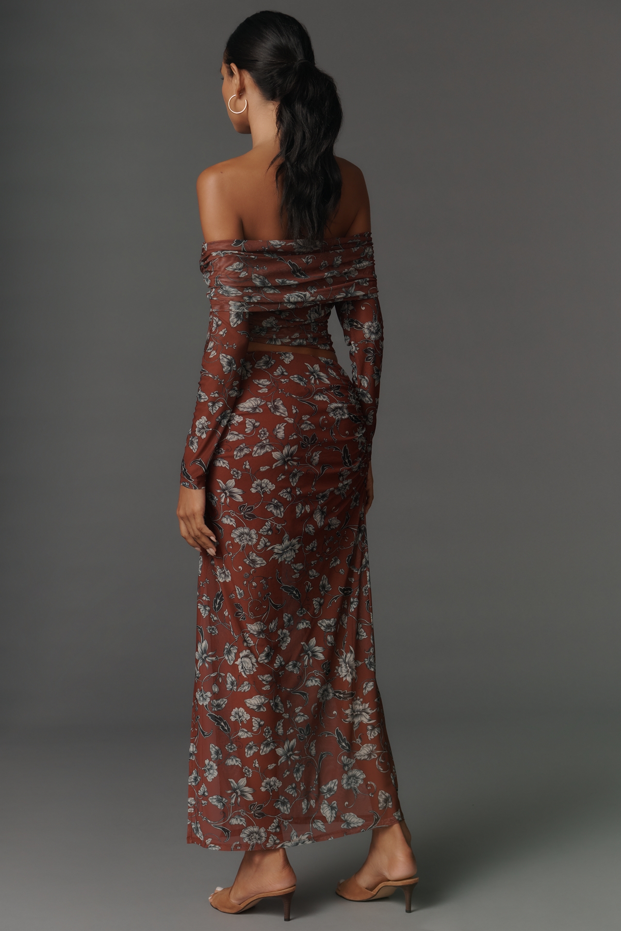 Maeve Sheer Ruched Mesh Fitted Maxi Skirt