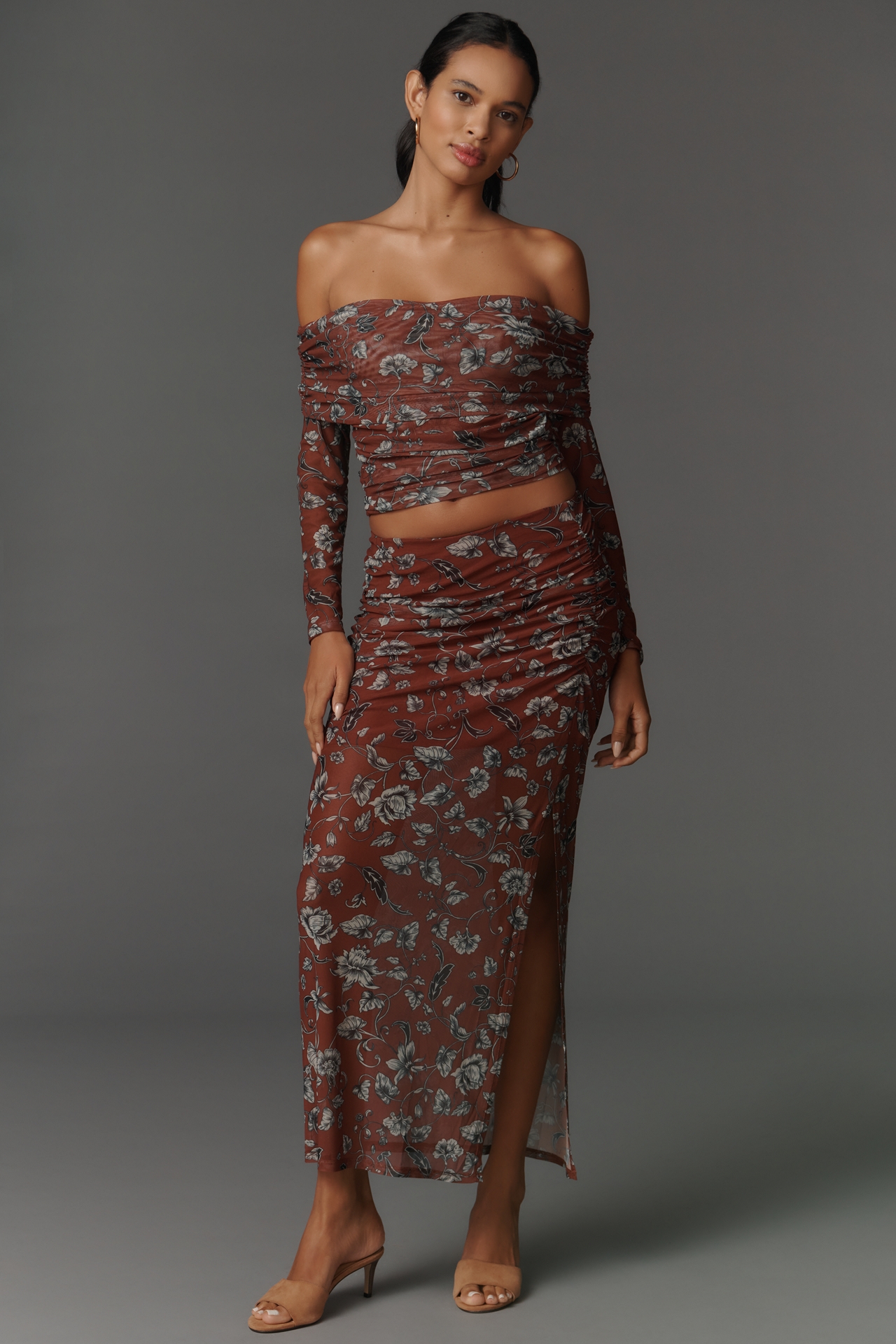 Maeve Sheer Ruched Mesh Fitted Maxi Skirt
