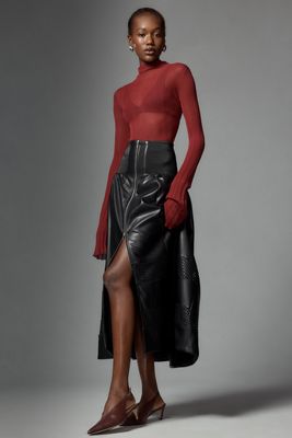 The Tommie Faux Leather Laser-Cut Zip-Front Midi Skirt