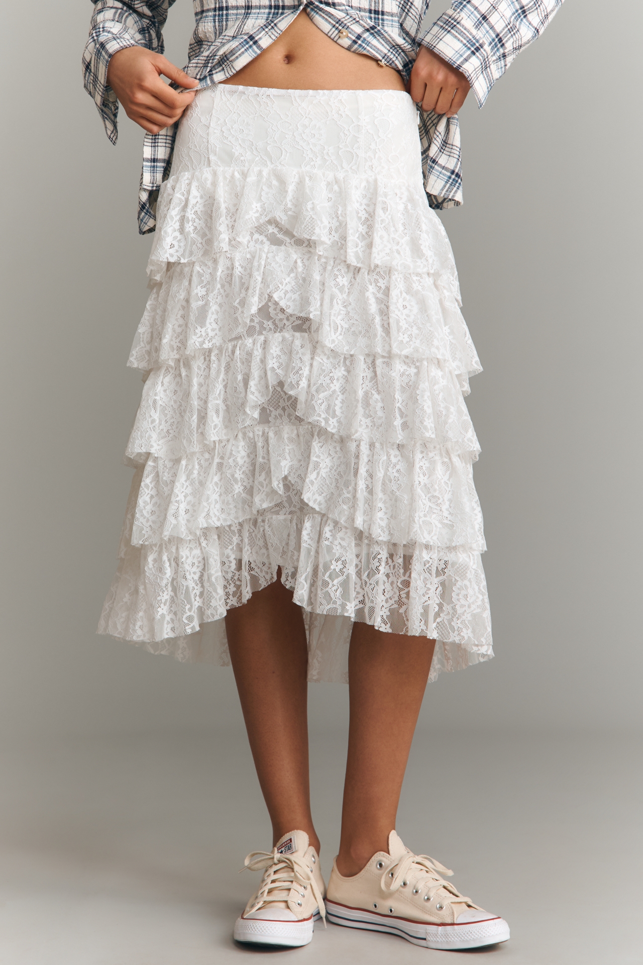 By Anthropologie Tiered Lace Midi Skirt