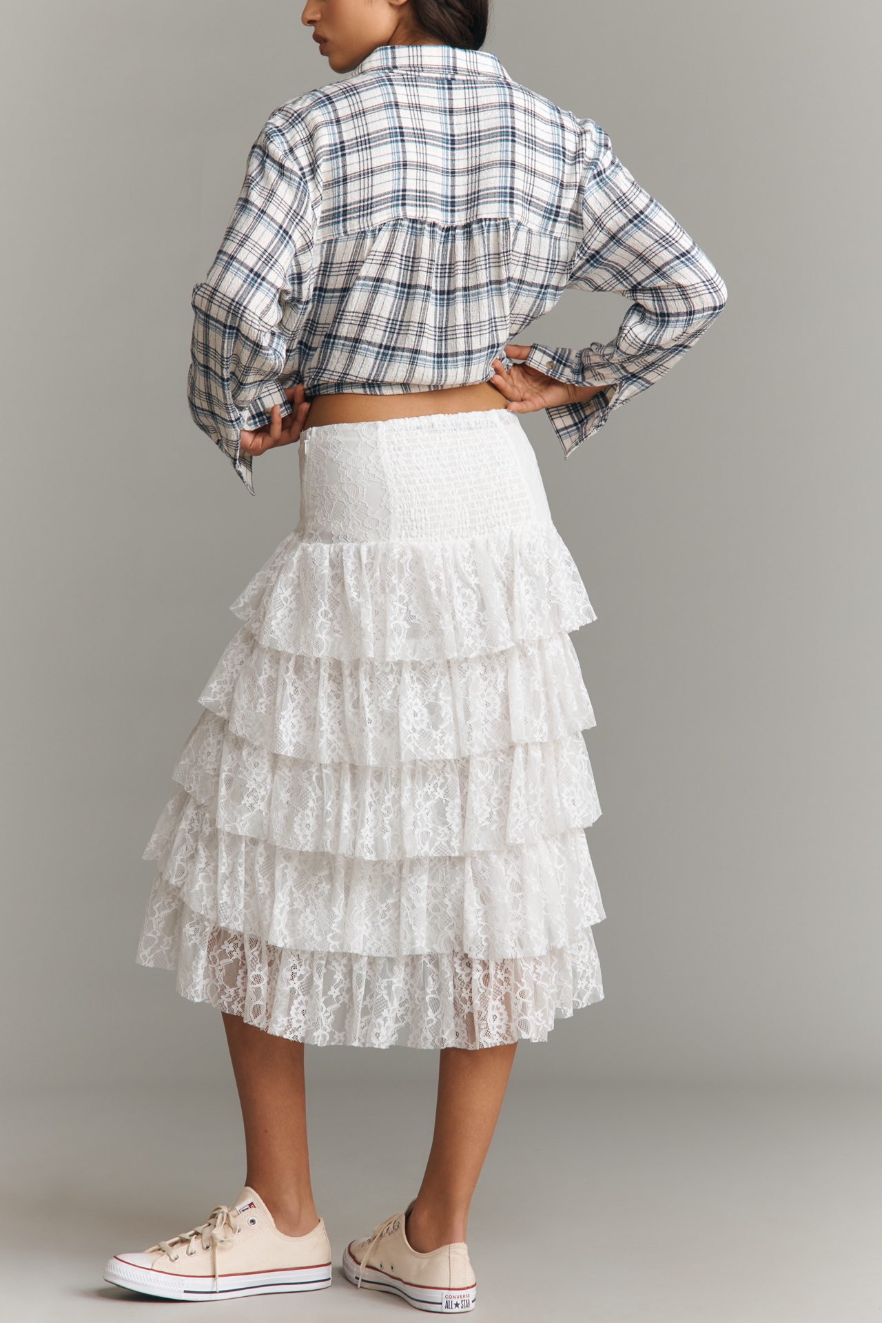 By Anthropologie Tiered Lace Midi Skirt