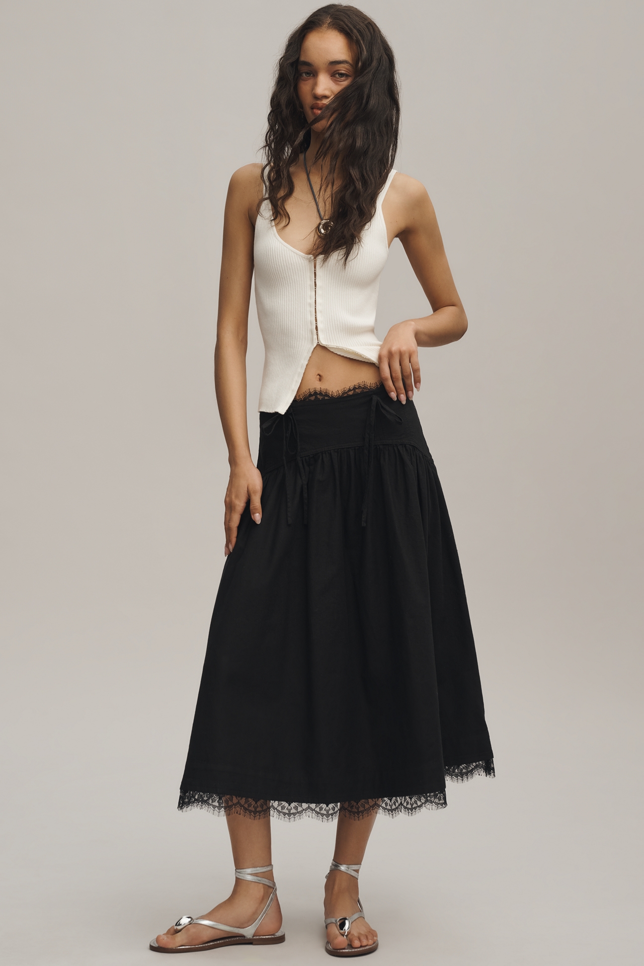 By Anthropologie Waisted Lace Trim Skirt