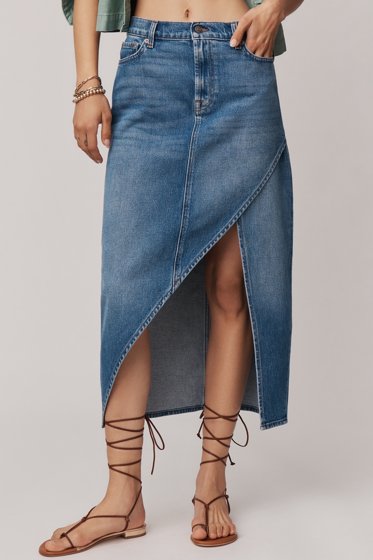 7 For All Mankind Libby High-Low Denim Midi Skirt